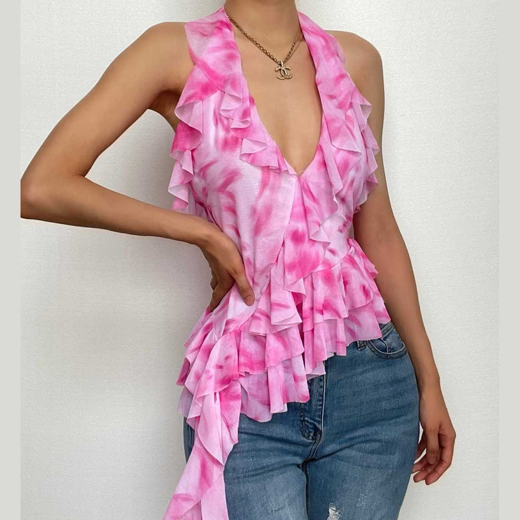 Top con scollo a V, volant e schiena irregolare, allacciabile a contrasto tie-dye 