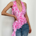 Top con scollo a V, volant e schiena irregolare, allacciabile a contrasto tie-dye 