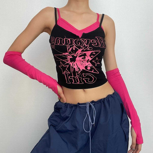 Abstract Patchwork Notch Neck Gloves Contrast Crop Top