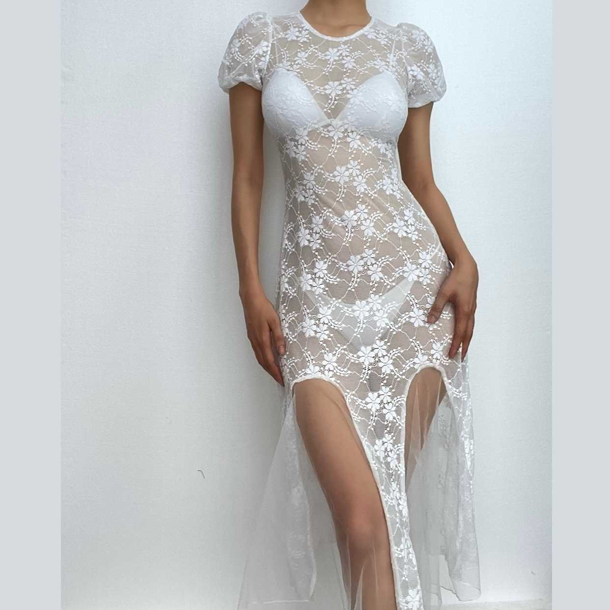 Lace solid puff sleeve see through ruffle patchwork midi dress - Final Sale