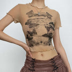Butterfly pattern sheer mesh see through short sleeve crop top