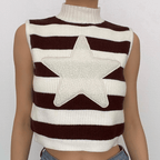 Star pattern patchwork high neck sleeveless striped knitted crop top - Final Sale