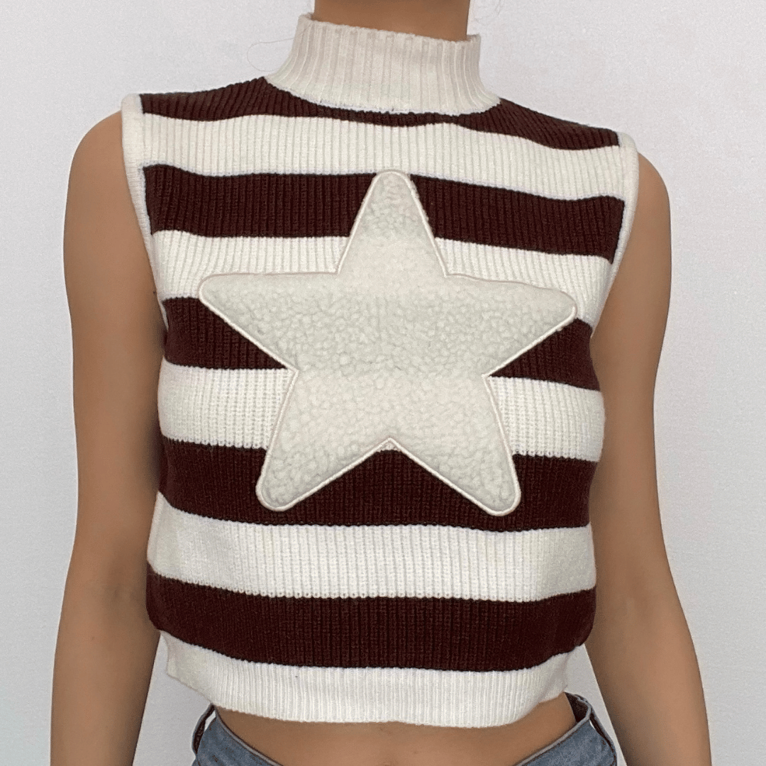 Star pattern patchwork high neck sleeveless striped knitted crop top - Final Sale