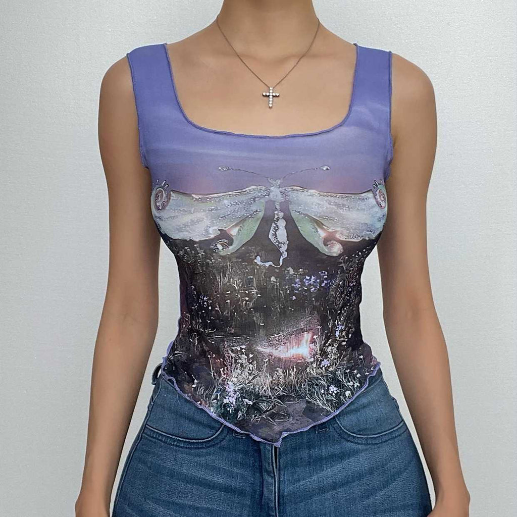 Sheer mesh see through abstract print ruffle sleeveless crop top