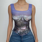 Sheer mesh see through abstract print ruffle sleeveless crop top