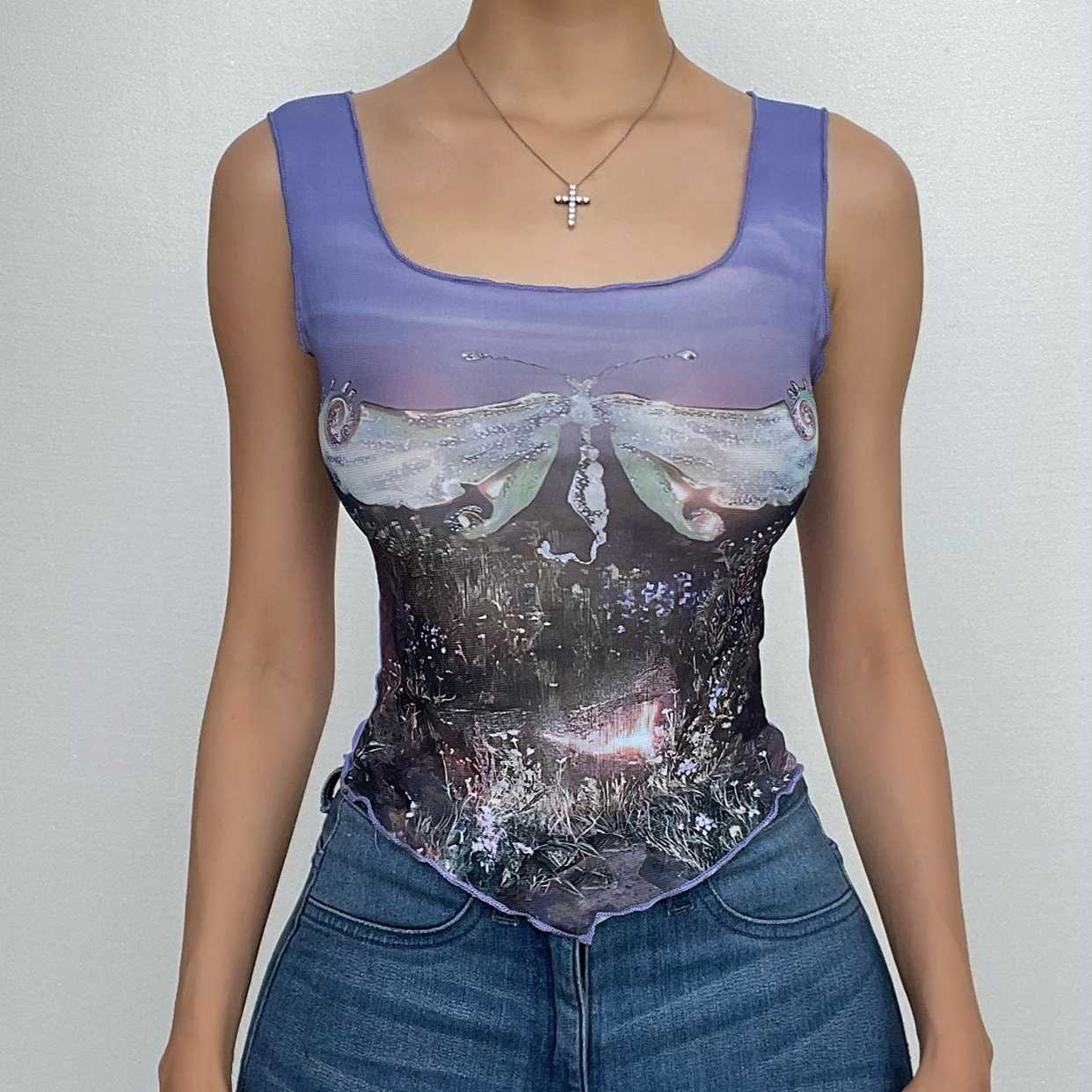 Sheer mesh see through abstract print ruffle sleeveless crop top