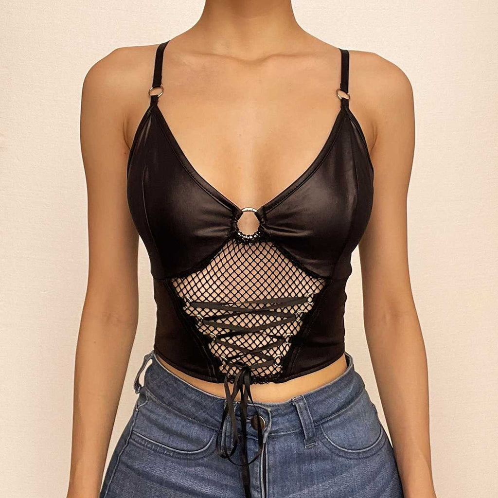 Backless v neck o ring lace up fishnet hollow out solid cami crop top