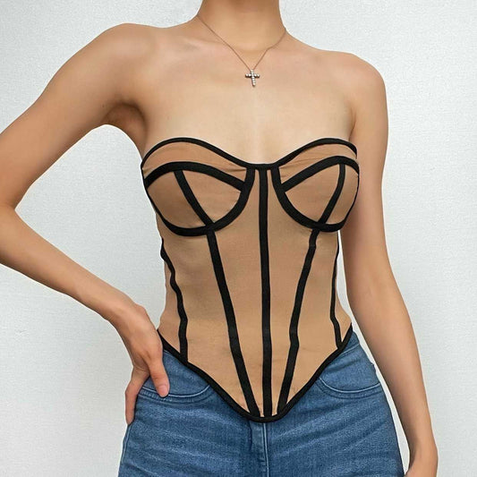Top a tubino con scollo a cuore e schiena scoperta in rete a contrasto 