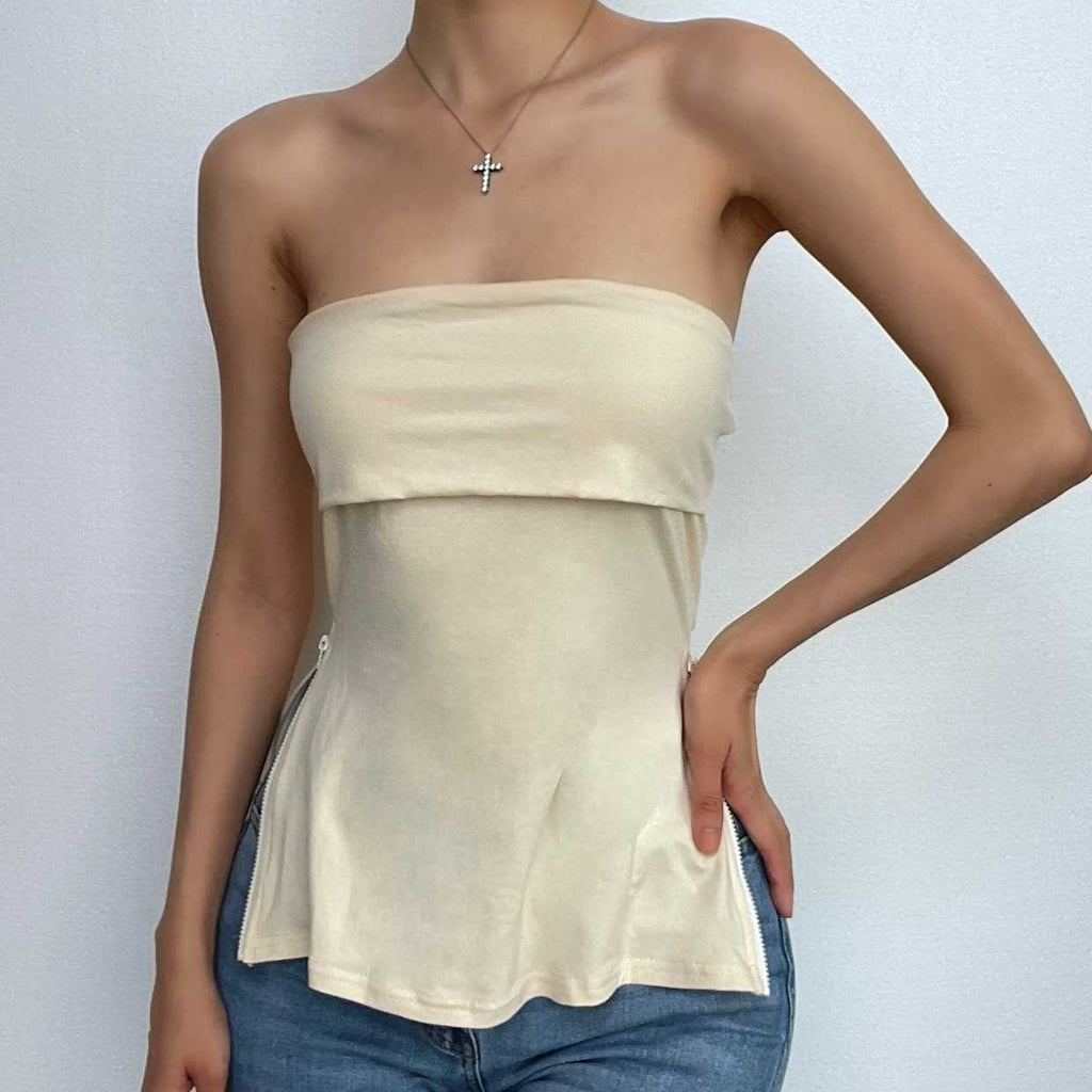 Solid zip-up backless sleeveless tube top