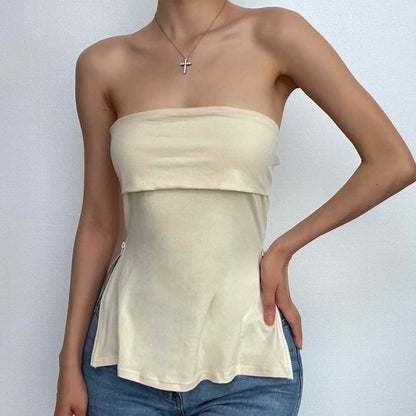 Solid zip-up backless sleeveless tube top