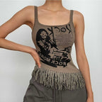 Irregular tassels sleeveless zip-up contrast print top