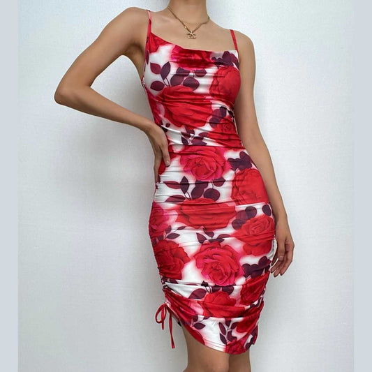 Rückenfreies Camisole-Minikleid mit Blumenmuster, Kontrast-Kordelzug und Wasserfallausschnitt 