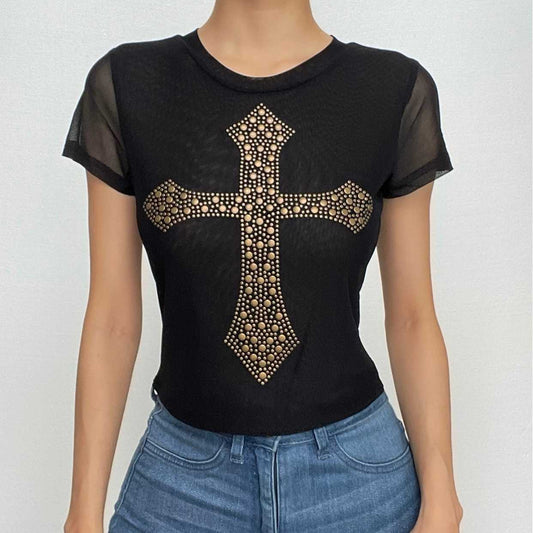 Short sleeve beaded cross pattern sheer mesh see through contrast top