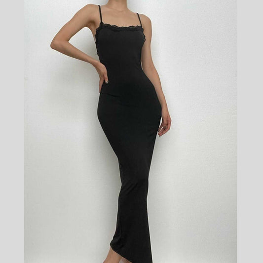 Einfarbiges, rückenfreies Camisole-Maxikleid mit Spitzensaum und quadratischem Ausschnitt 