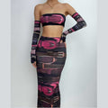 Gloves contrast print backless tube midi skirt set