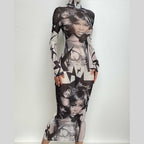 Abstract Print Sheer Mesh See Through High Neck Long Sleeve Maxi Dress