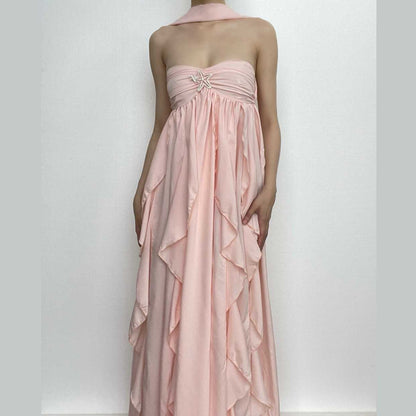 Ruffle star applique ruched halter backless maxi dress