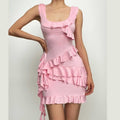 Ruffle u neck sleeveless backless solid irregular mini skirt set
