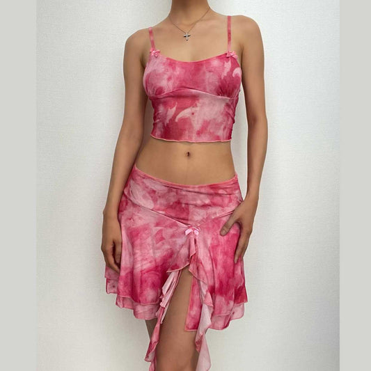 Tie dye contrast ruffle backless bowknot cami mini skirt set
