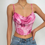 Flower print contrast backless cowl neck bustier cami crop top