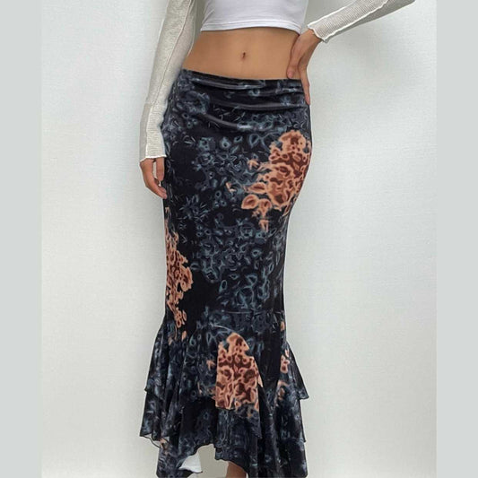 Flower print velvet contrast ruched irregular low rise maxi skirt
