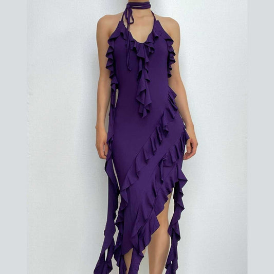 Einfarbiges, rückenfreies Maxikleid mit unregelmäßigem Neckholder und V-Ausschnitt zum Selbstbinden 