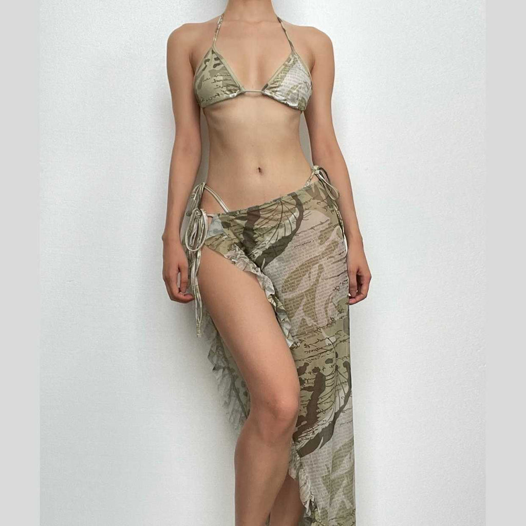 Halter self tie backless ruffle irregular mesh contrast print maxi skirt set