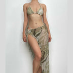 Halter self tie backless ruffle irregular mesh contrast print maxi skirt set