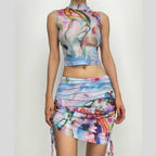 Sheer mesh see through abstract high neck sleeveless drawstring mini skirt set