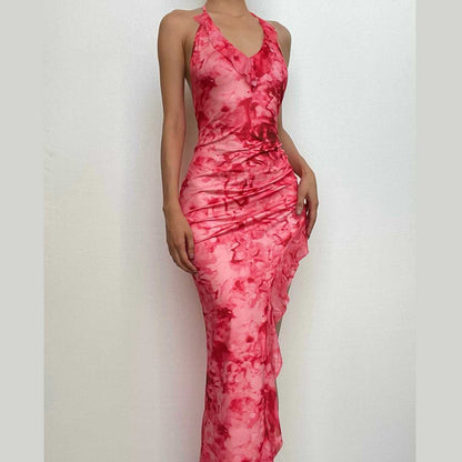 Rückenfreies Neckholder-Maxikleid mit Rüschen und Batikmuster im Netzstoff mit unregelmäßigem Kontrast 