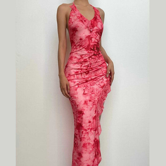 Rückenfreies Neckholder-Maxikleid mit Rüschen und Batikmuster im Netzstoff mit unregelmäßigem Kontrast 