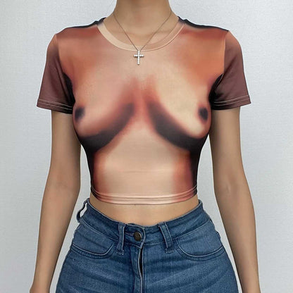 Kurzärmliges Crop-Top mit Rundhalsausschnitt und kontrastierendem Body-Muster 
