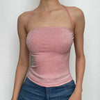 Textured halter self tie backless ruched crop top