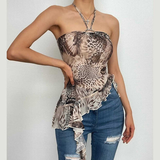 Top corto con scollo all'americana irregolare in rete trasparente con motivo a farfalla 