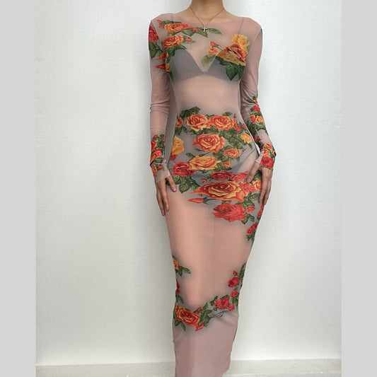Maxikleid mit langen Ärmeln und transparentem Netzstoff im Kontrastmuster mit Blumenmuster 