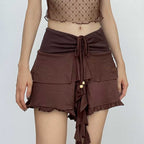 Drawstring ruffle patchwork A line mini skirt