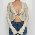 Flared sleeve v neck ruffle buckle ribbed solid crop top