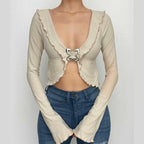 Flared sleeve v neck ruffle buckle ribbed solid crop top