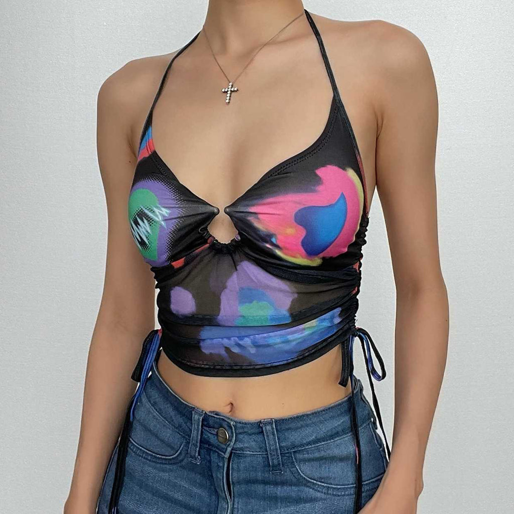 Mesh ruched contrast halter backless self tie drawstring top