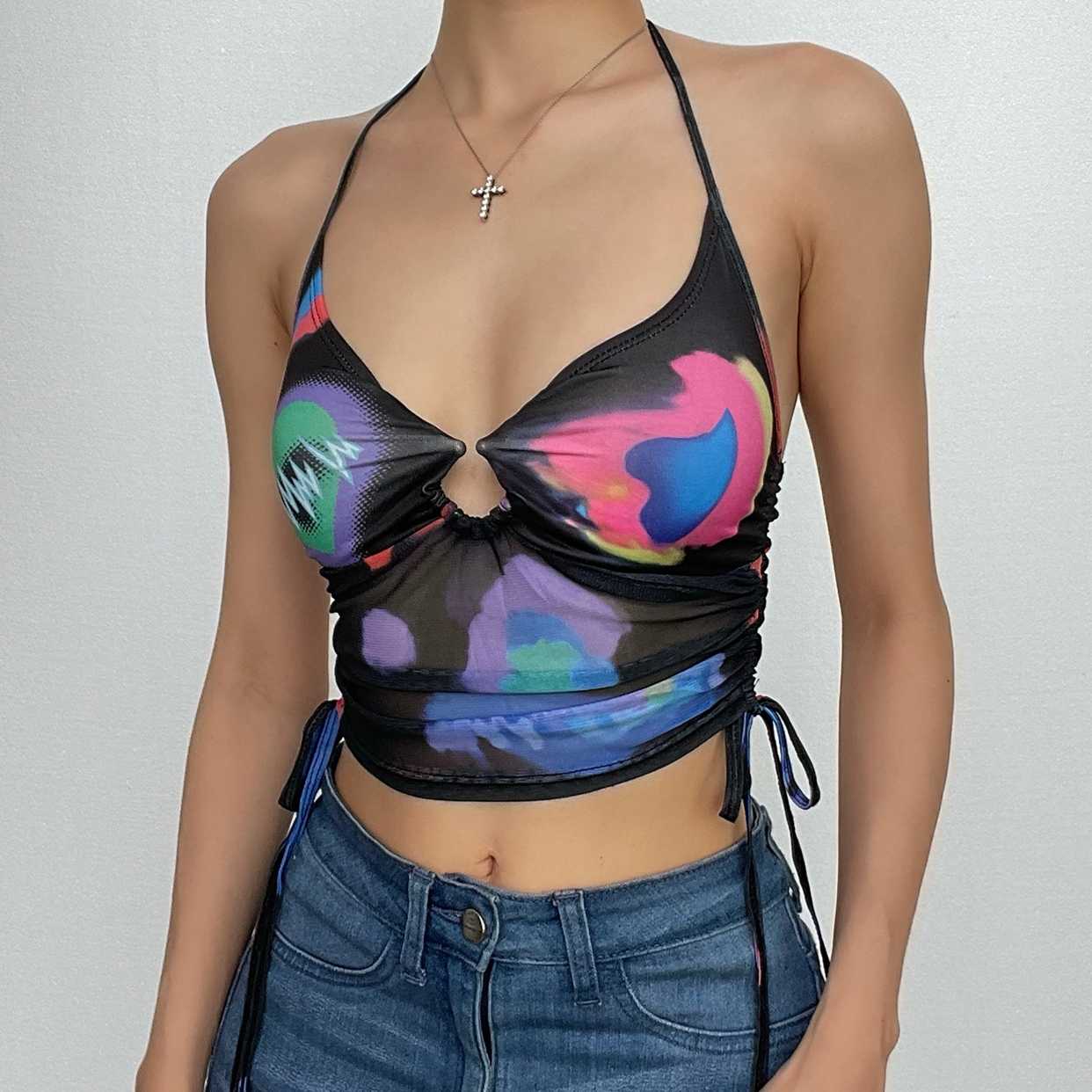 Mesh ruched contrast halter backless self tie drawstring top