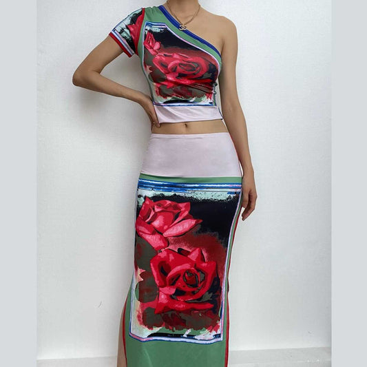Flower print contrast one shoulder irregular slit midi skirt set