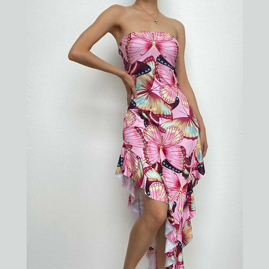 Rückenfreies Maxi-Tube-Kleid mit Schmetterlings-Print und kontrastierenden unregelmäßigen Rüschen 