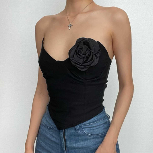 Backless v neck flower applique corset solid top