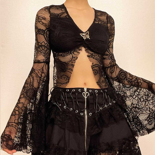 Einfarbiges Crop-Top mit ausgestellten Ärmeln, Spitzenschlitz und V-Ausschnitt 