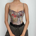 Backless v neck lace hem contrast print cami crop top