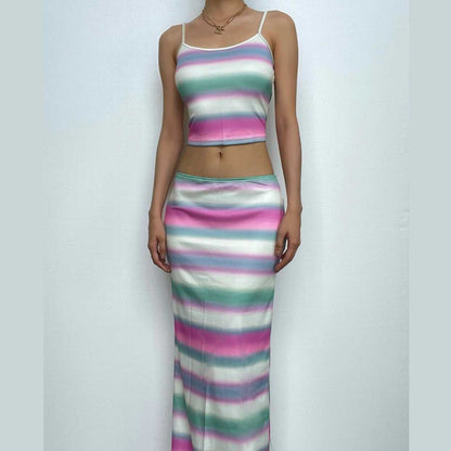 Striped backless contrast u neck slit cami maxi skirt set