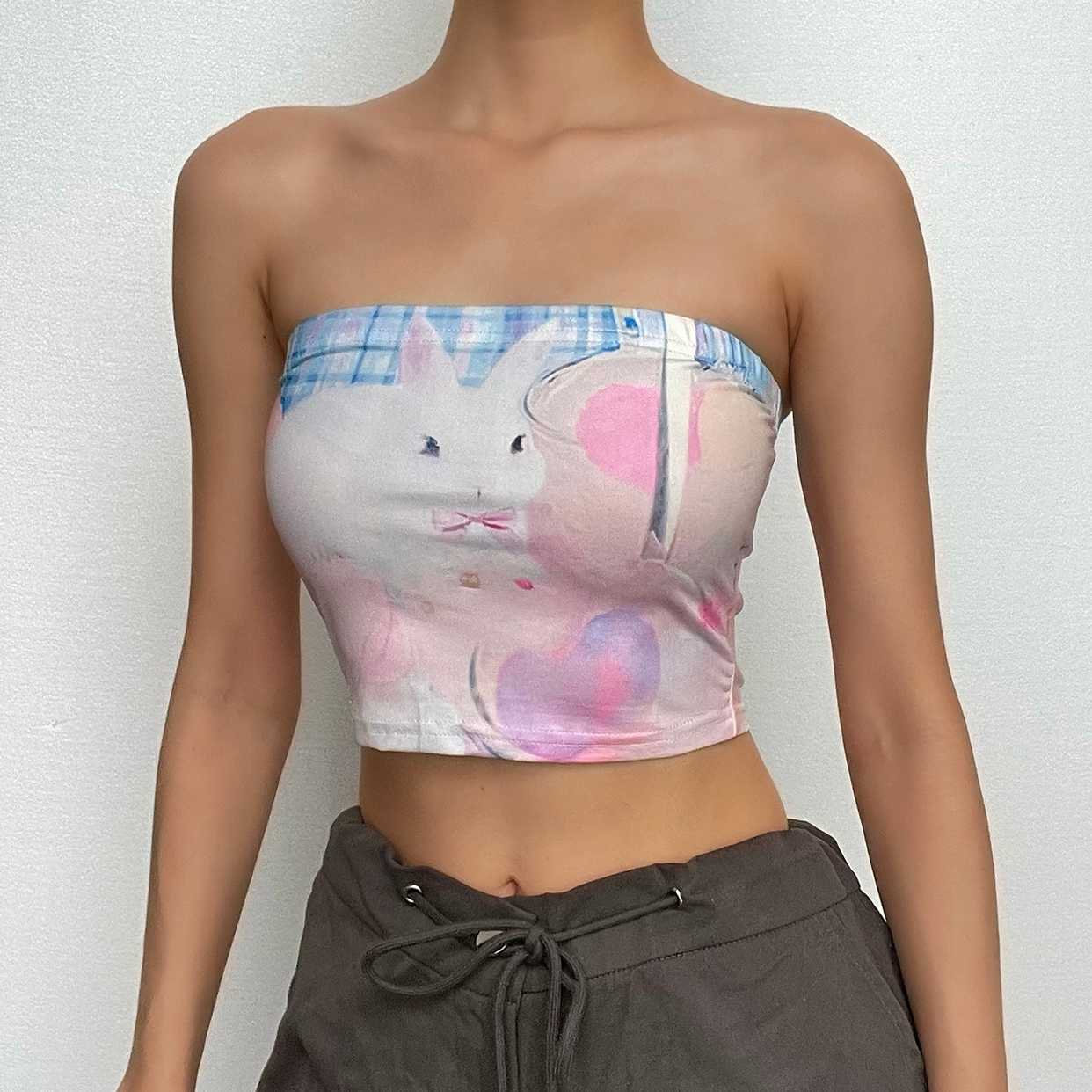 Rabbit pattern contrast backless tube crop top