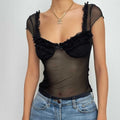 Top senza schienale con maniche a cappuccio, scollo a V con volant e patchwork in rete 