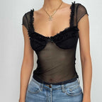 Top senza schienale con maniche a cappuccio, scollo a V con volant e patchwork in rete 