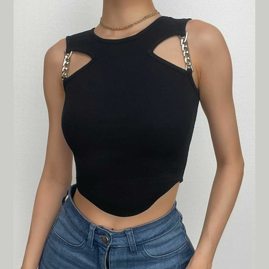 Crewneck sleeveless hollow out metal chain solid crop top
